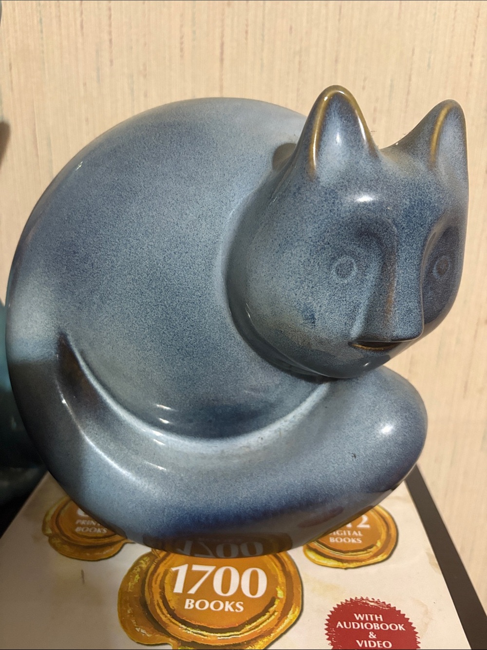 Blue Glazed Ceramic Cat Figurine Decorative Accent